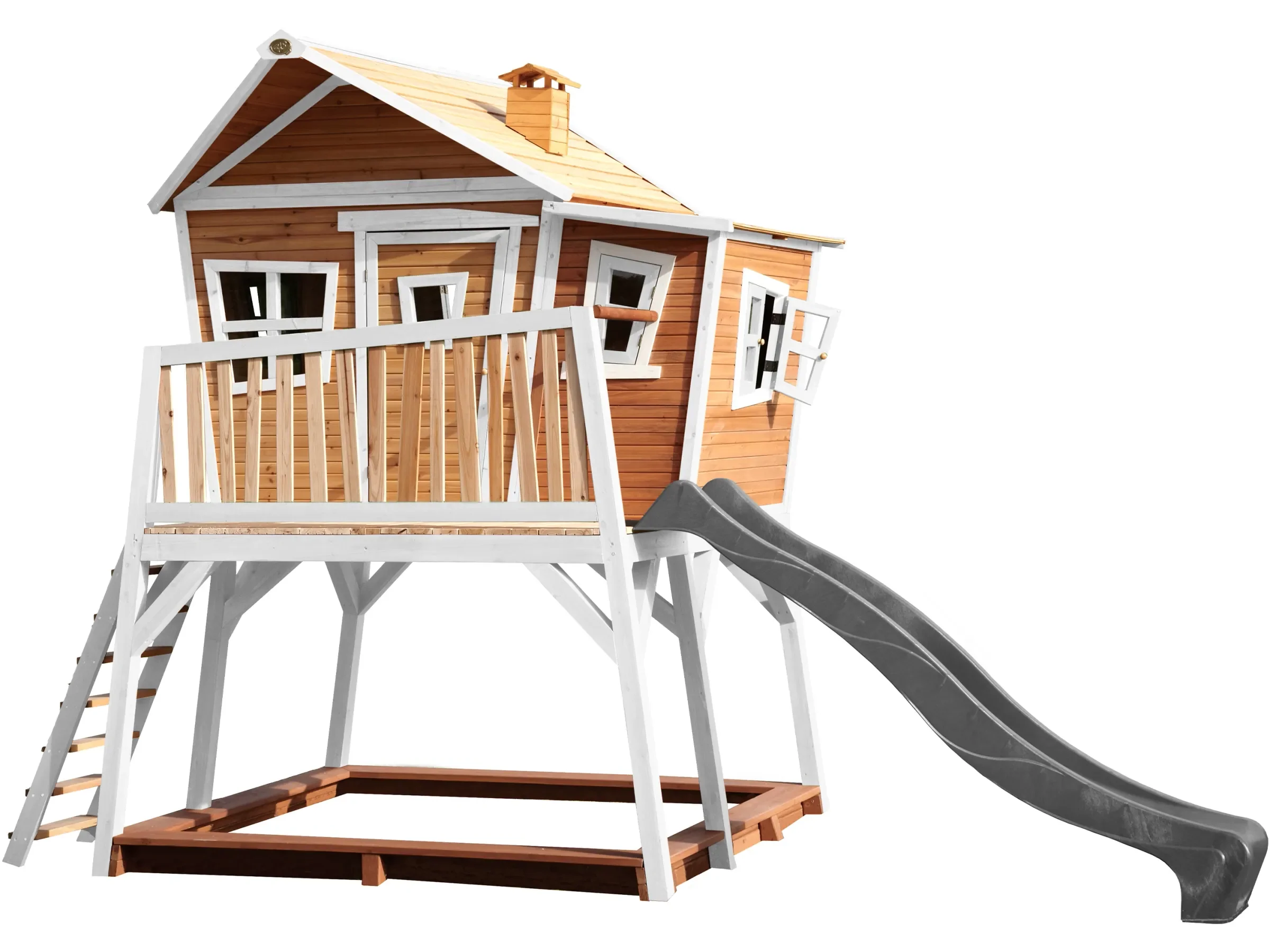 Axi Max Spielhaus braun weiß mit grauer Rutsche für den Garten