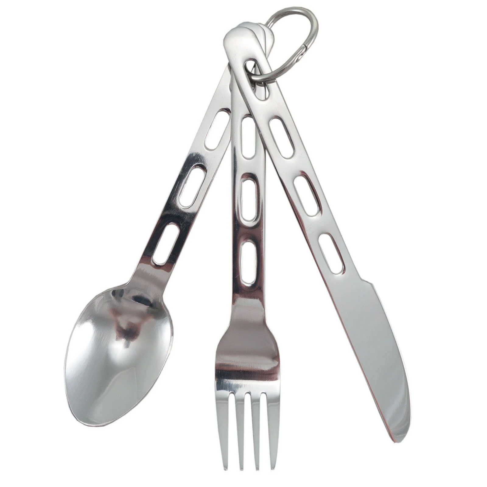 Campingbesteck Set 3-tlg. – Messer, Gabel & Löffel aus Edelstahl mit Verschlussring