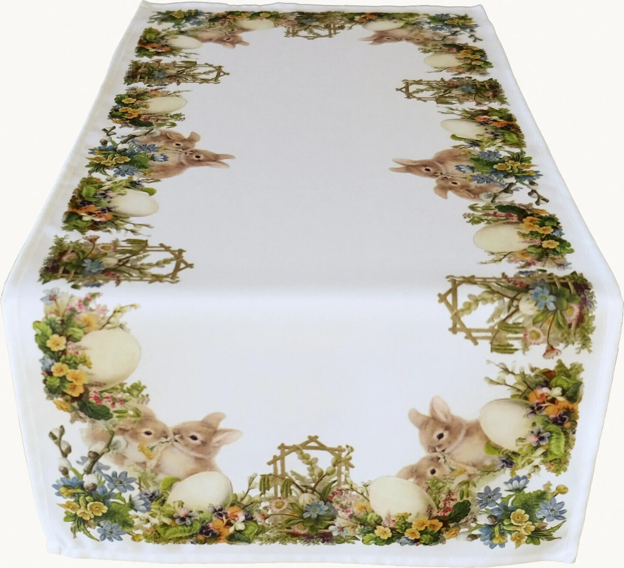 Tischläufer mit Ostermotiv – Osterhasen & Blumenwiese, 40 × 90 cm