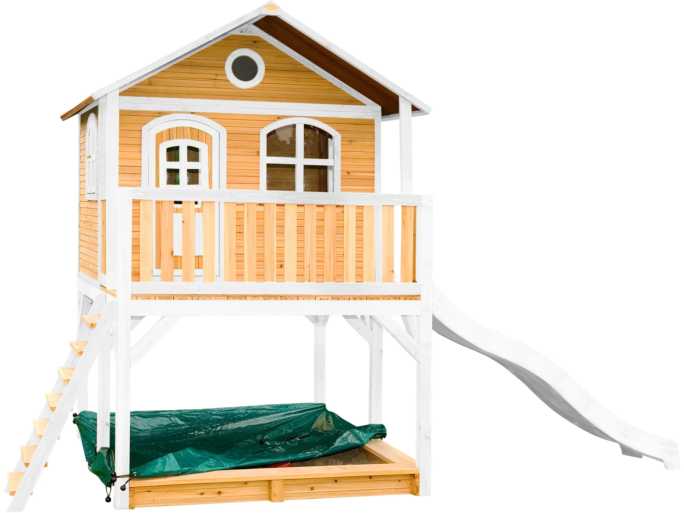 Axi Marc Spielhaus braun weiß mit Rutsche für Kinder im Garten