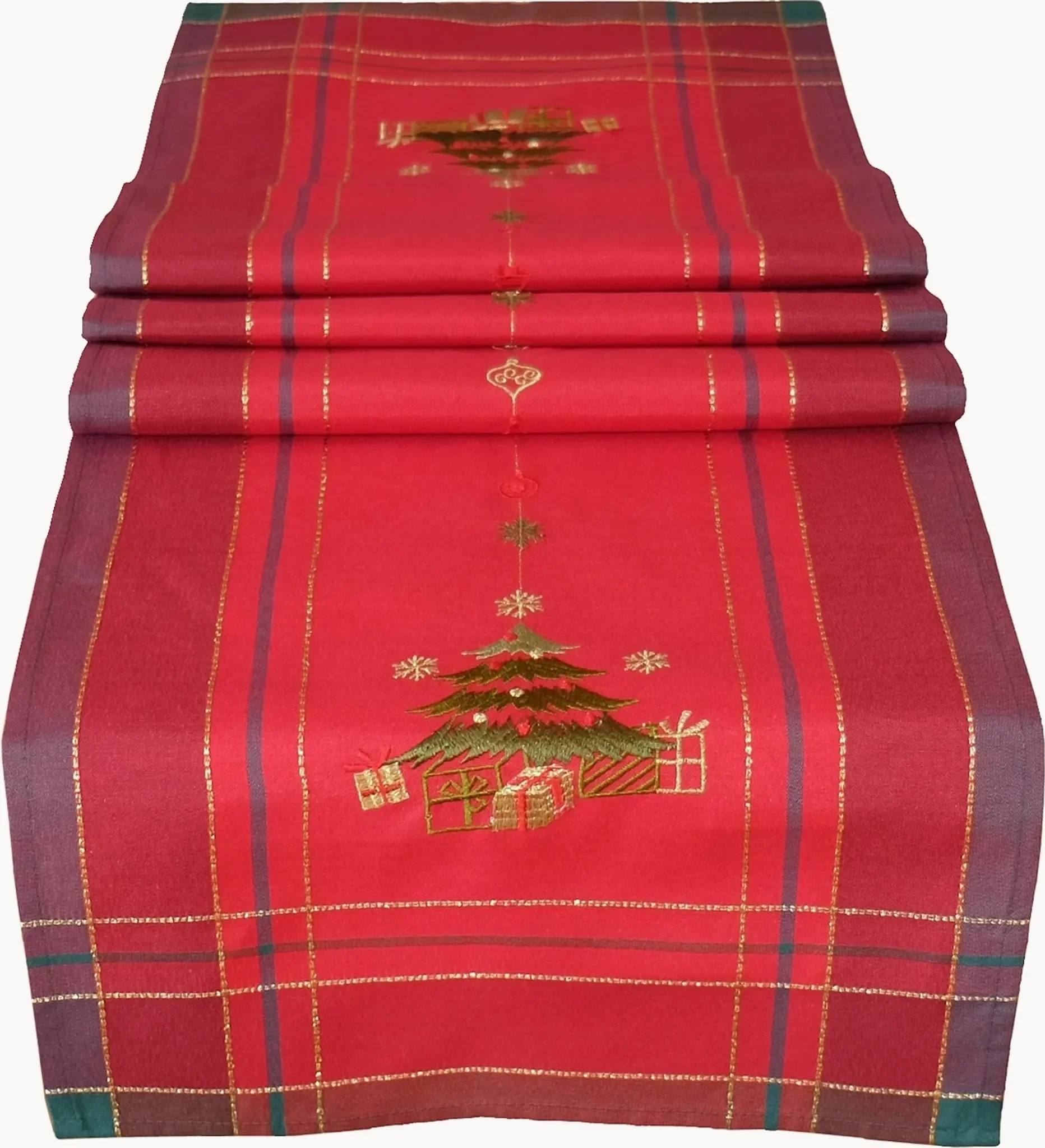 Tischläufer mit Stickerei – Motiv „Tannenbaum“, 40 × 90 cm, Rot mit grüner Stickerei