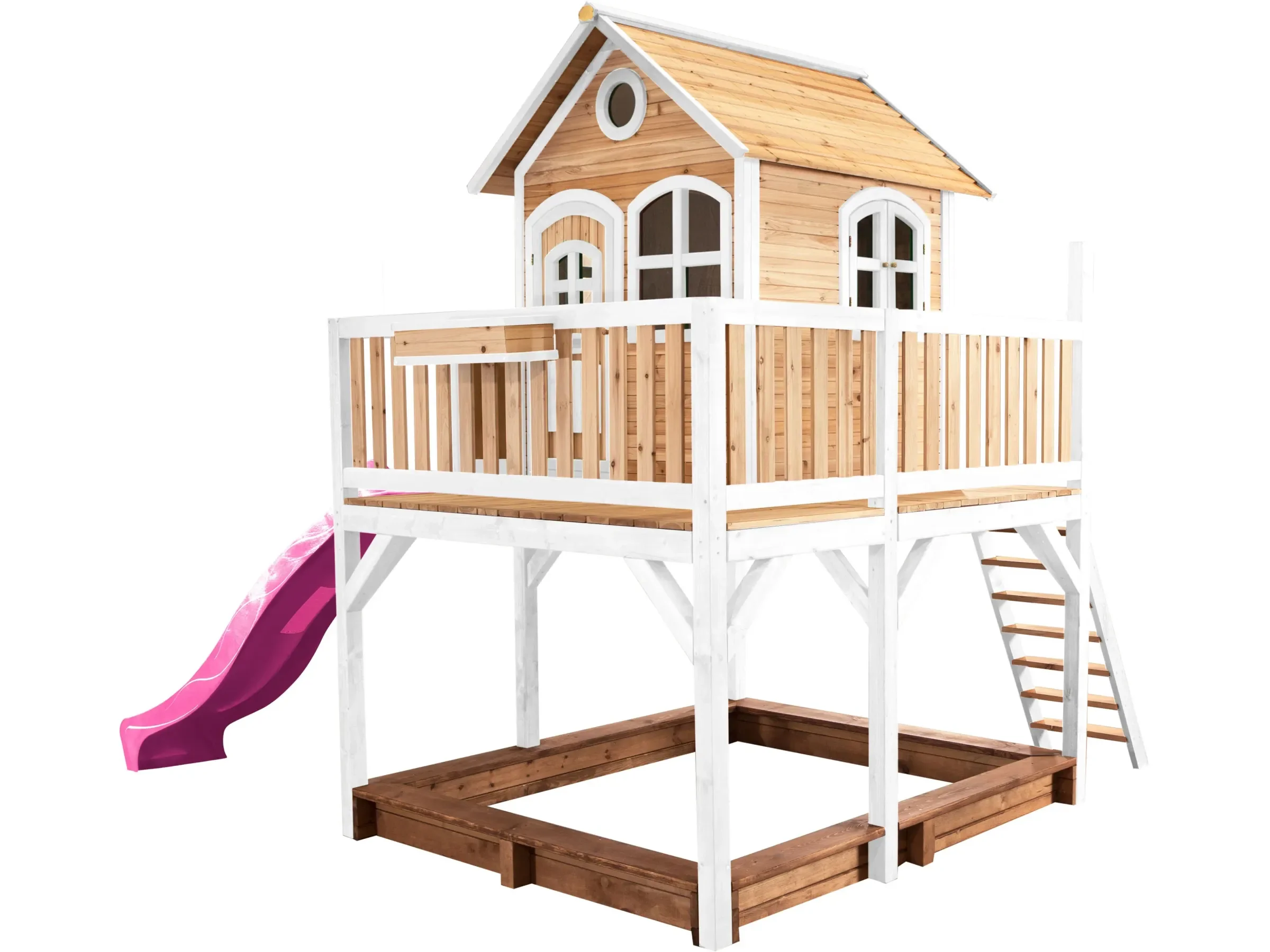 Axi Liam Spielhaus braun-weiß mit lila Rutsche 255 x 377 x 291 cm